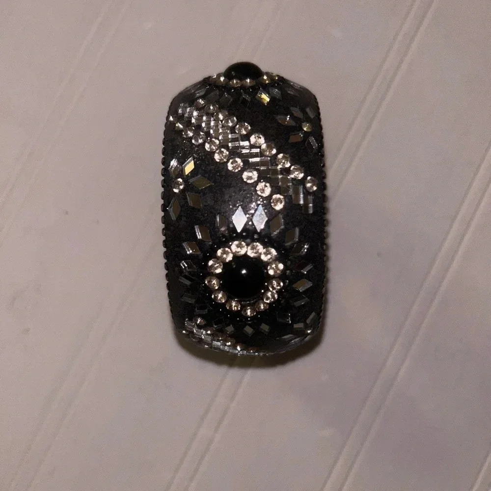 Wide Large Black Mosaic Bangle Bracelet Heavyweight Mirror Rhinestones Boho